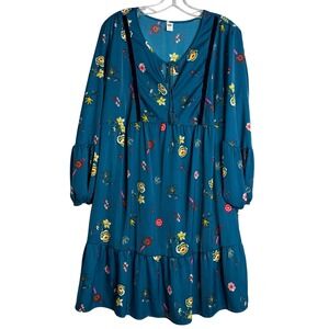 old navy blue floral long sleeve dress Old Navy Women's Blue Floral Wrap V Neck Long Sleeve Knee Length Dress Size  XL